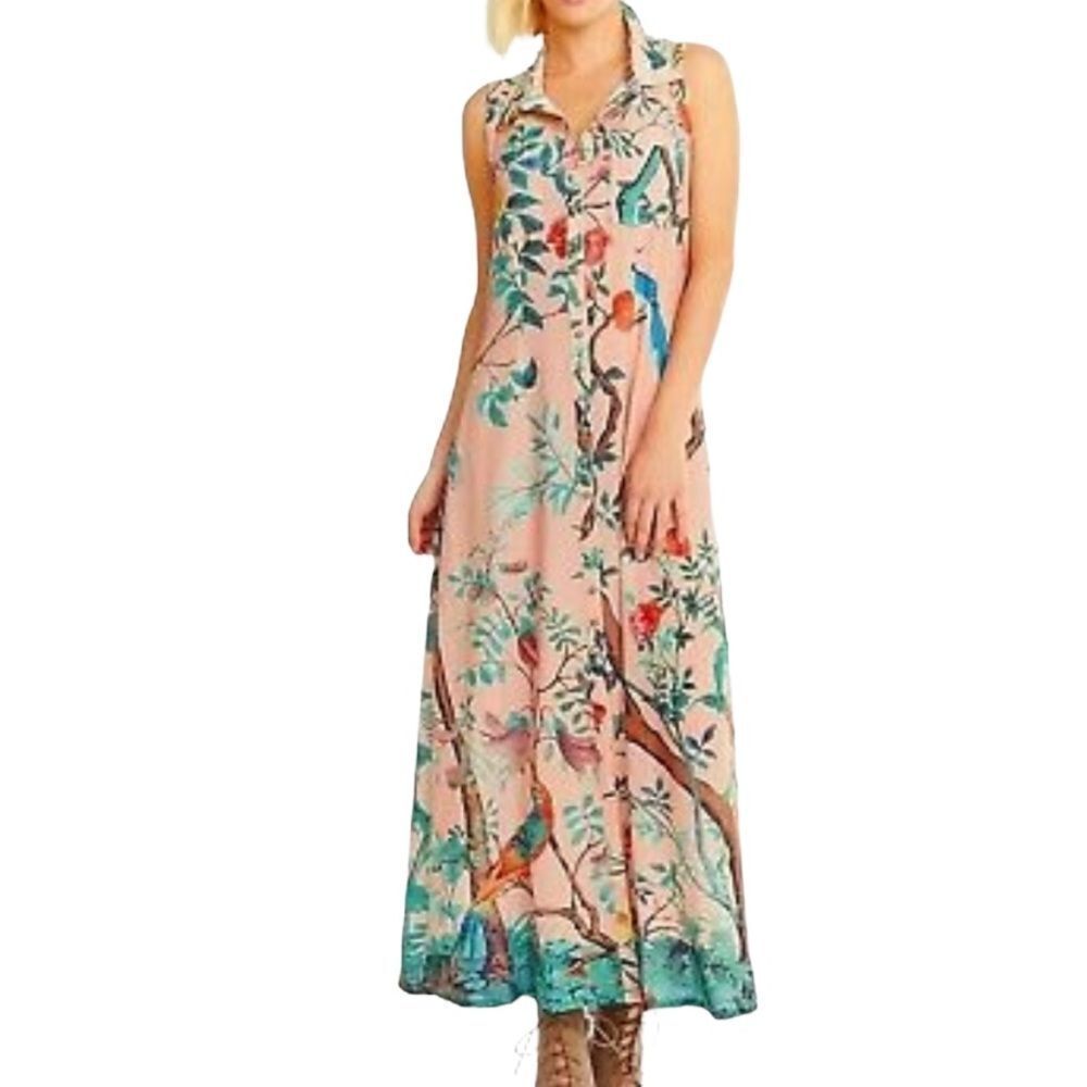 Soft Surrounding Chinoiserie Embroidered Bird Garden Maxi Shirt Dress XS